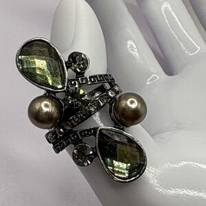 Elegant Silver Toned Ring with Faux Pearls and Crystals